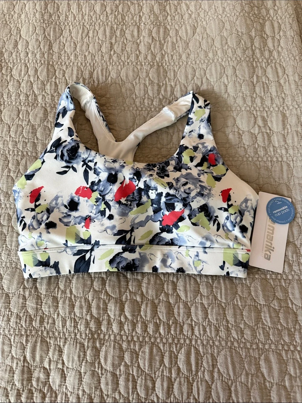 Marika Butterfly Chopped Brush Floral Sports Bra with Navy & Lime Accents